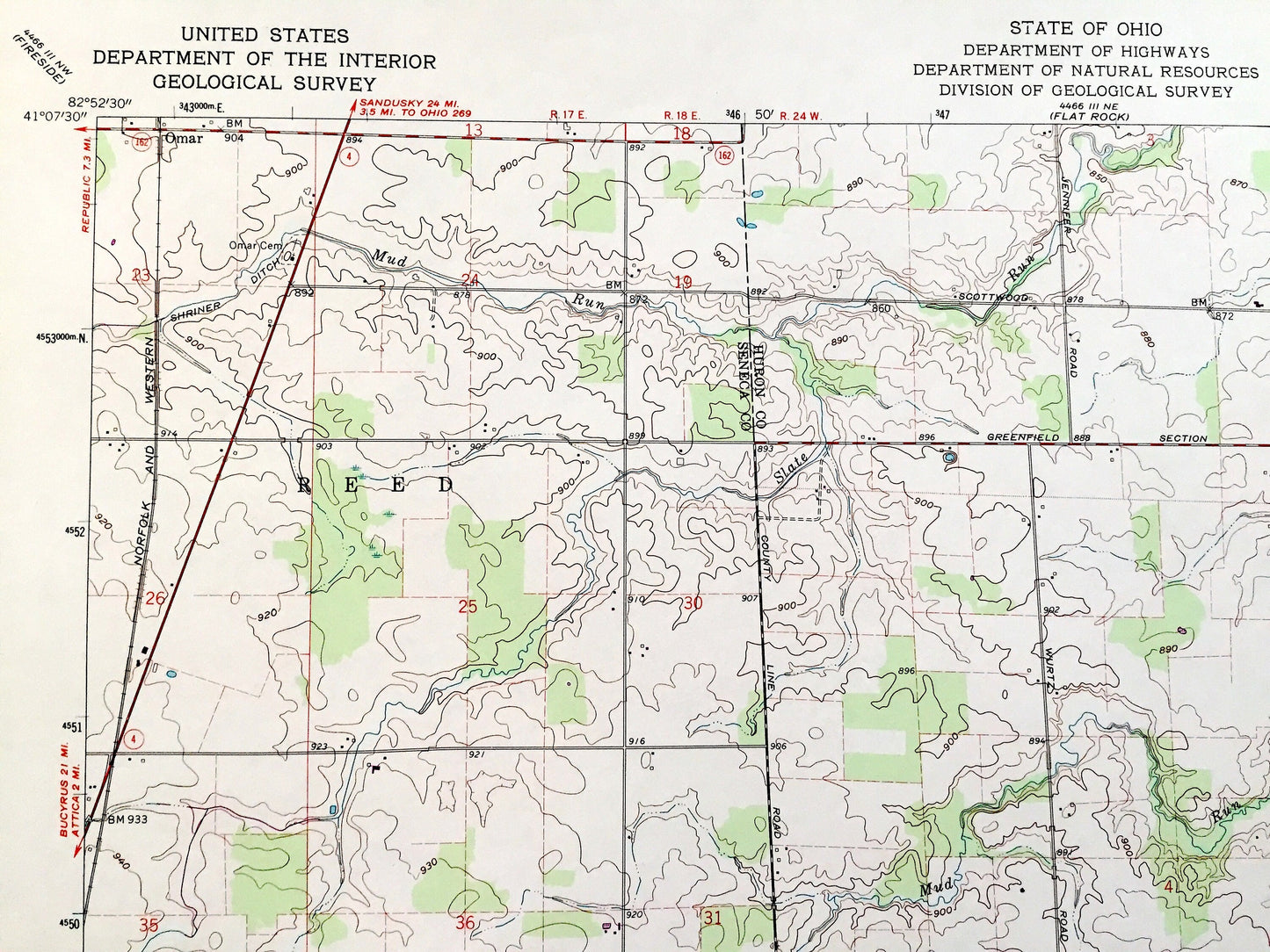 Antique Centerton, Ohio 1960 US Geological Survey Topographic Map — Huron, Seneca County, Reed, Norwich, Venice, Richmond, Omar, OH