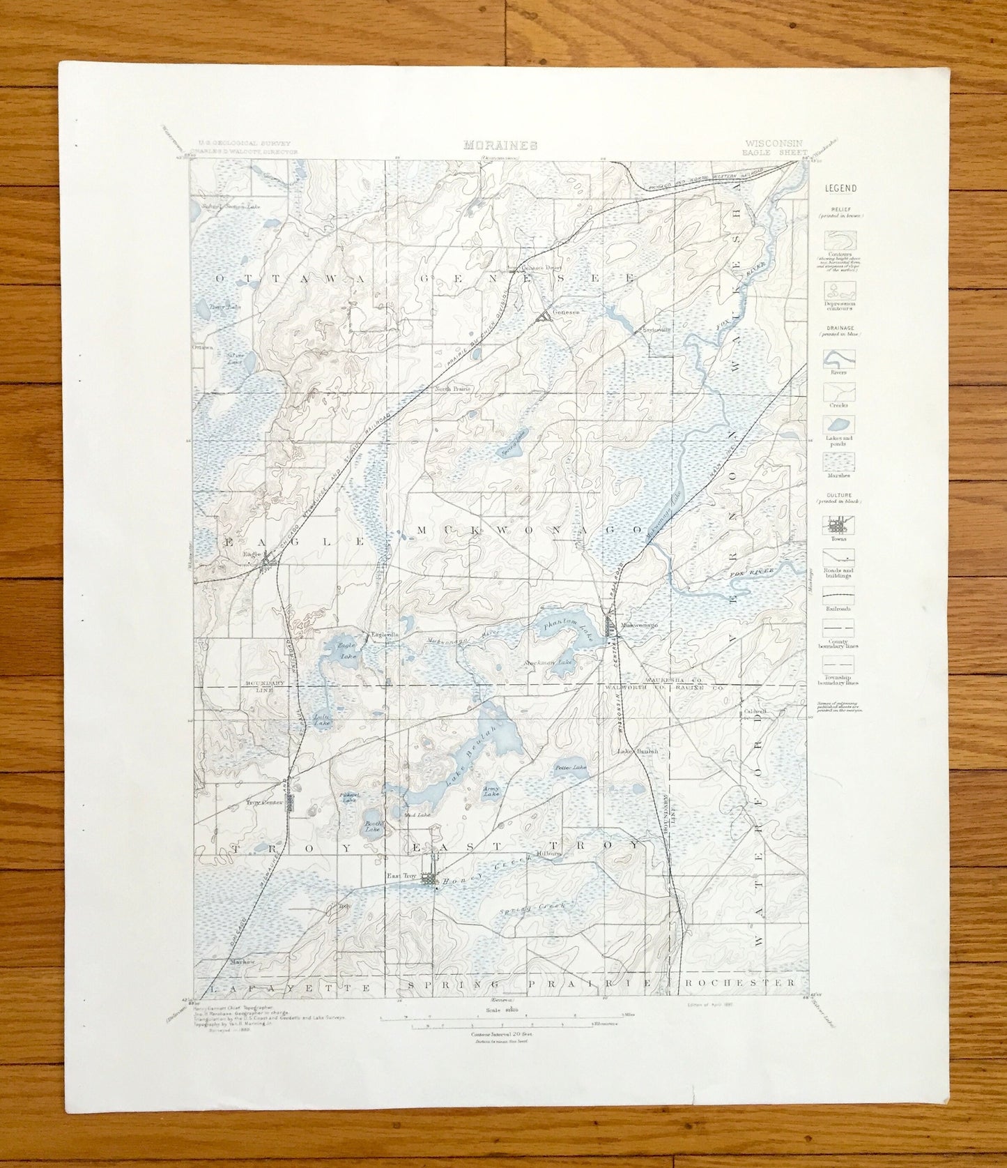 Antique Eagle, Wisconsin 1889 US Geological Survey Topographic Map – Ottawa, Genesee, Waukesha, Mukwonago, Vernon, Troy Waterford Hilburn WI