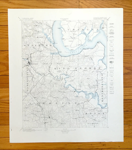 Antique Fredericksburg, Virginia 1887 US Geological Survey Topographic Map – Potomac, Port Royal, Bowling Green, Stafford, King George VA MD