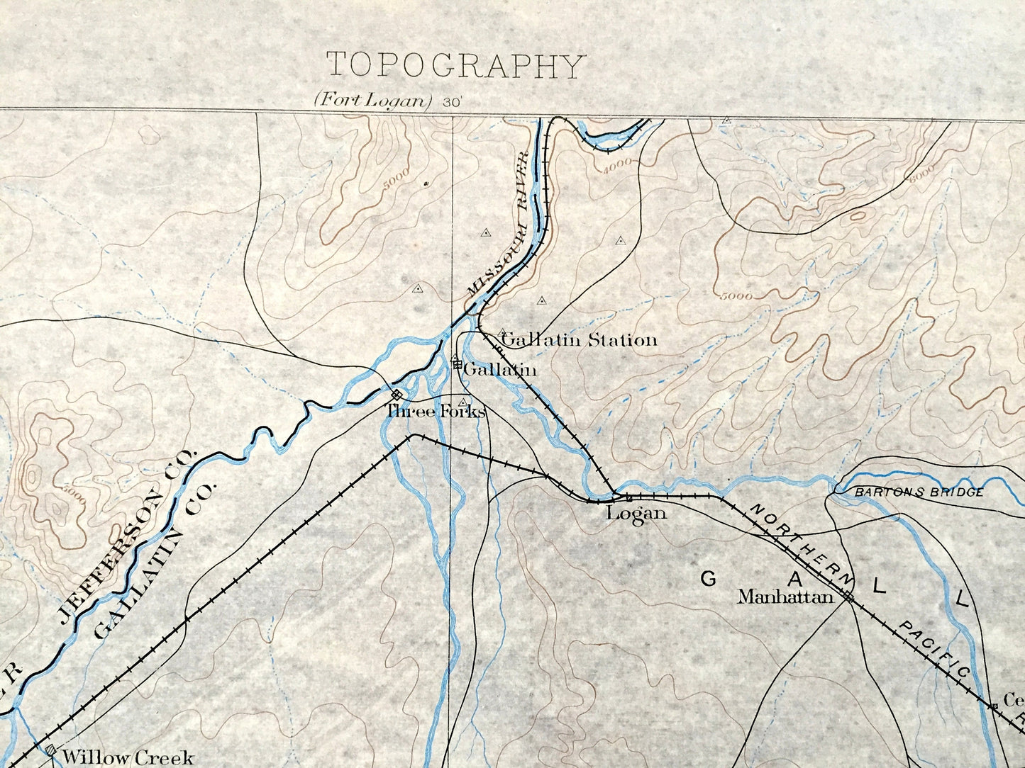 Antique Three Forks, Montana 1886 US Geological Survey Topographic Map – Bozeman, Yellowstone National Park, Jefferson, Sappington MT