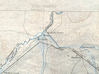 Antique Three Forks, Montana 1886 US Geological Survey Topographic Map – Bozeman, Yellowstone National Park, Jefferson, Sappington MT