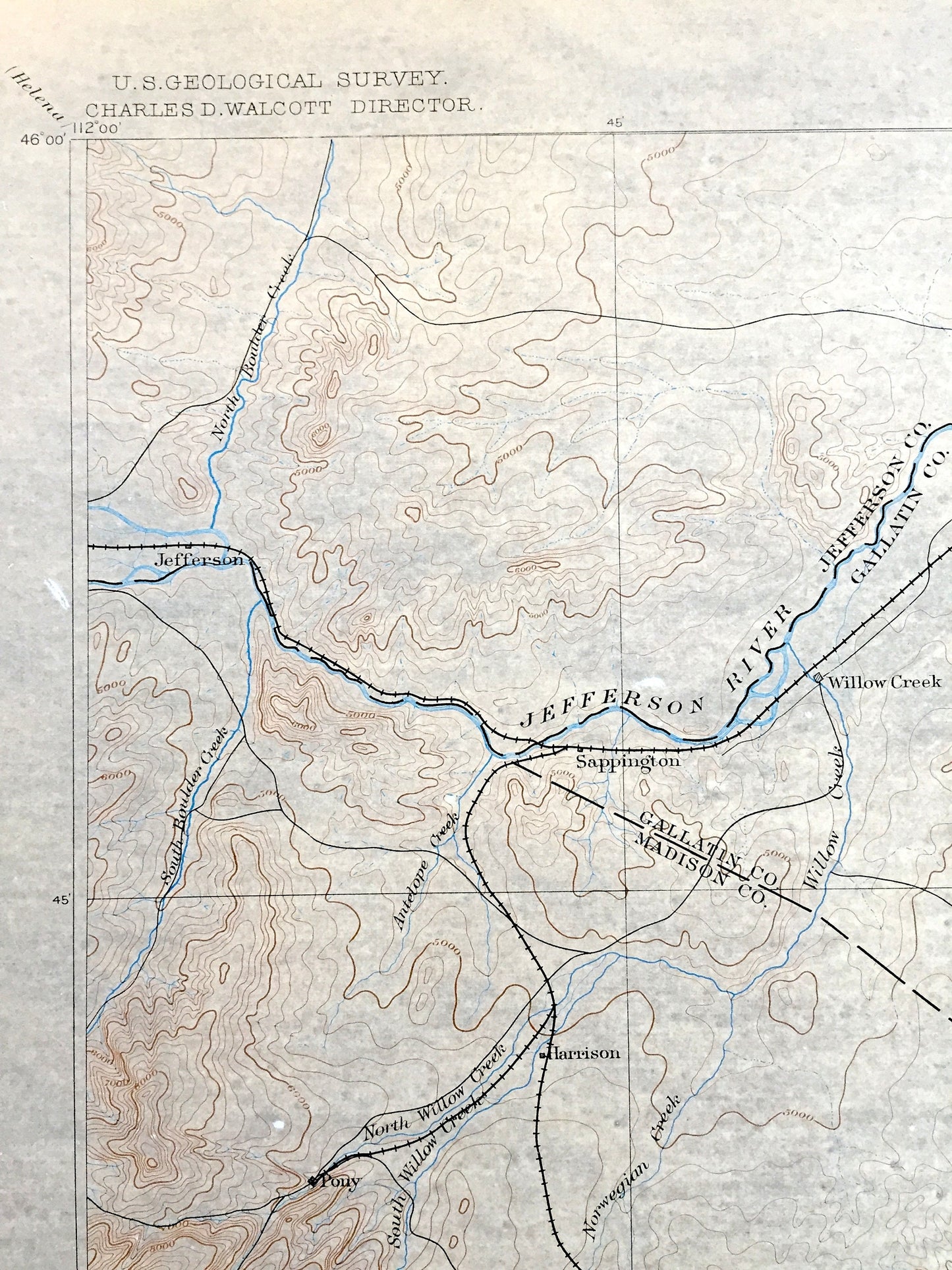 Antique Three Forks, Montana 1886 US Geological Survey Topographic Map – Bozeman, Yellowstone National Park, Jefferson, Sappington MT