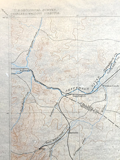 Antique Three Forks, Montana 1886 US Geological Survey Topographic Map – Bozeman, Yellowstone National Park, Jefferson, Sappington MT