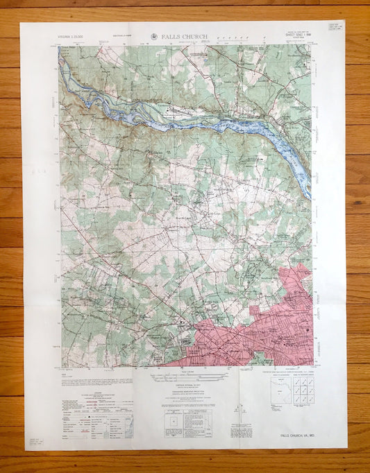 Antique Falls Church, Virginia 1949 US Geological Survey Topographic Map – Fairfax County, McLean, Cabin John, Vienna, Glen Echo Maryland VA