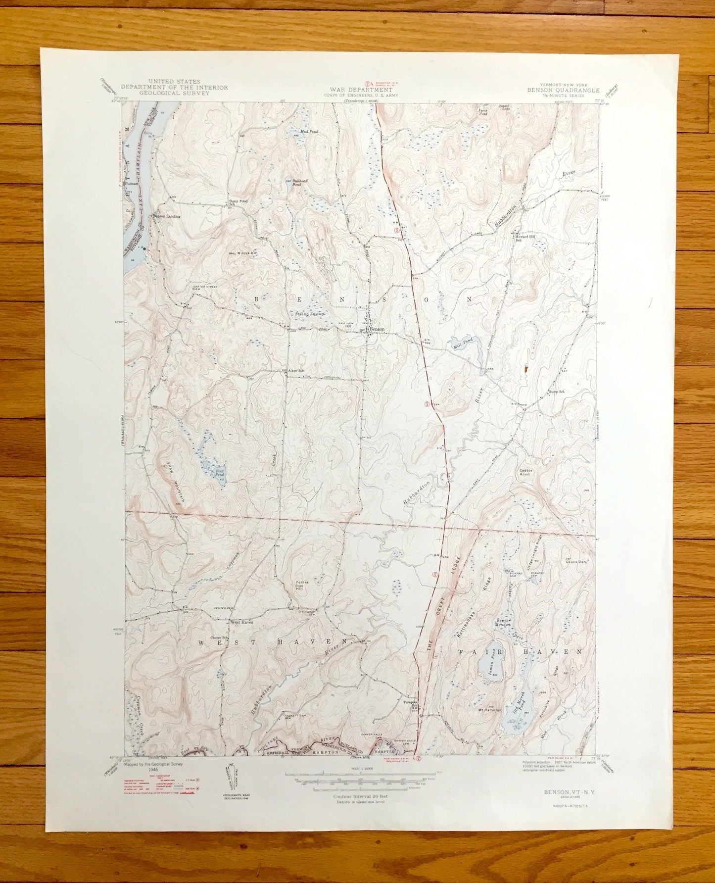 Antique Benson, Vermont 1948 US Geological Survey Topographic Map – Rutland County, West Haven, Fair Haven, Lake Champlain, Putnam, VT