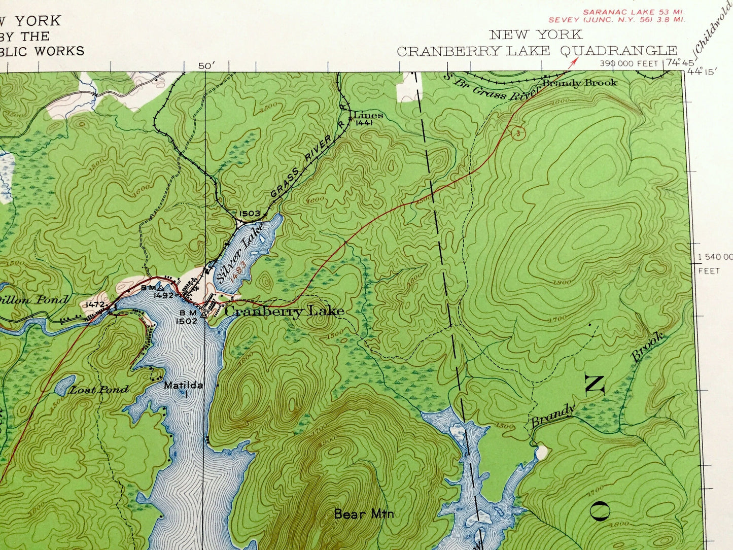 Antique Cranberry Lake, New York 1919 US Geological Survey Topographic Map – Adirondacks, Wanakena, Fine, Webb, Clifton, Newtown Falls, NY