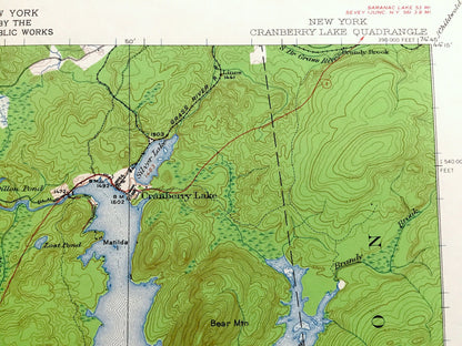 Antique Cranberry Lake, New York 1919 US Geological Survey Topographic Map – Adirondacks, Wanakena, Fine, Webb, Clifton, Newtown Falls, NY