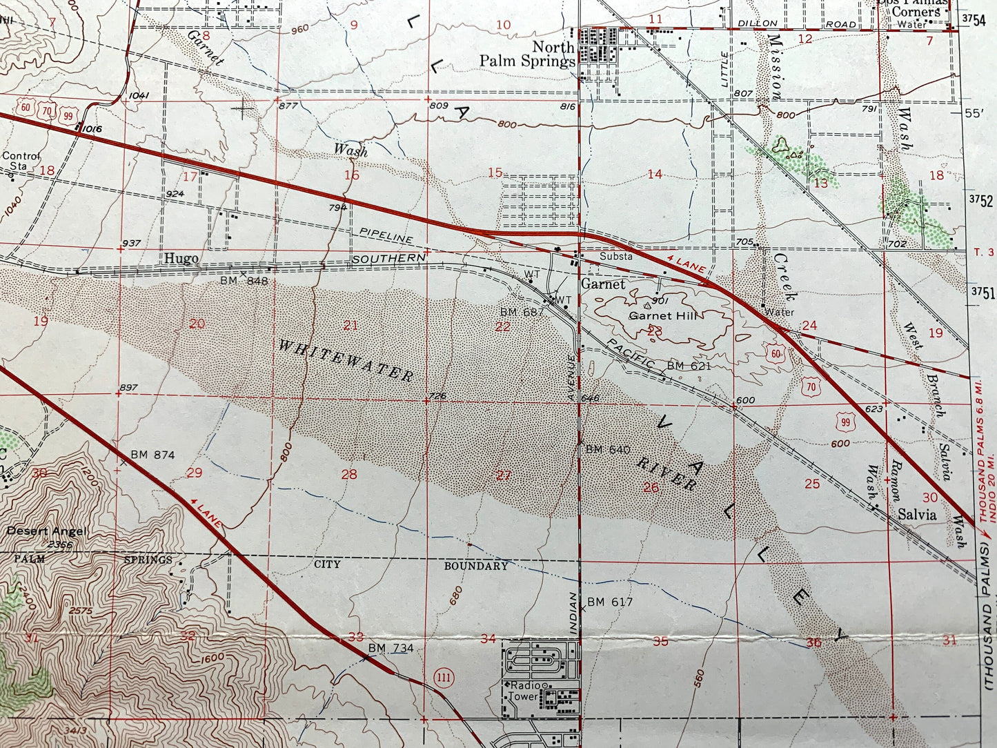 Antique Palm Springs, California 1957 US Geological Survey Topographic Map – Coachella Valley Desert Hot Springs San Bernardino Riverside CA