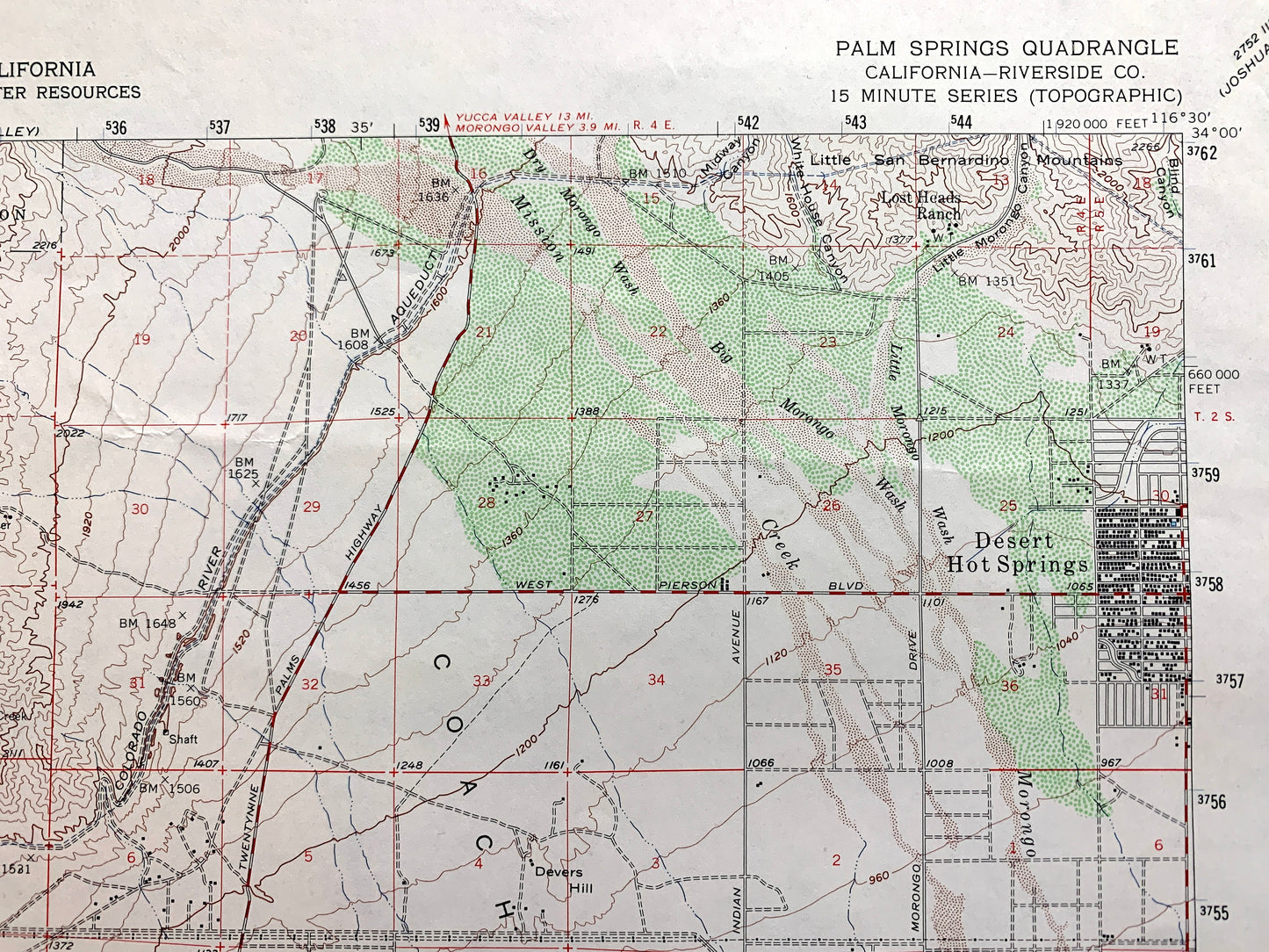 Antique Palm Springs, California 1957 US Geological Survey Topographic Map – Coachella Valley Desert Hot Springs San Bernardino Riverside CA