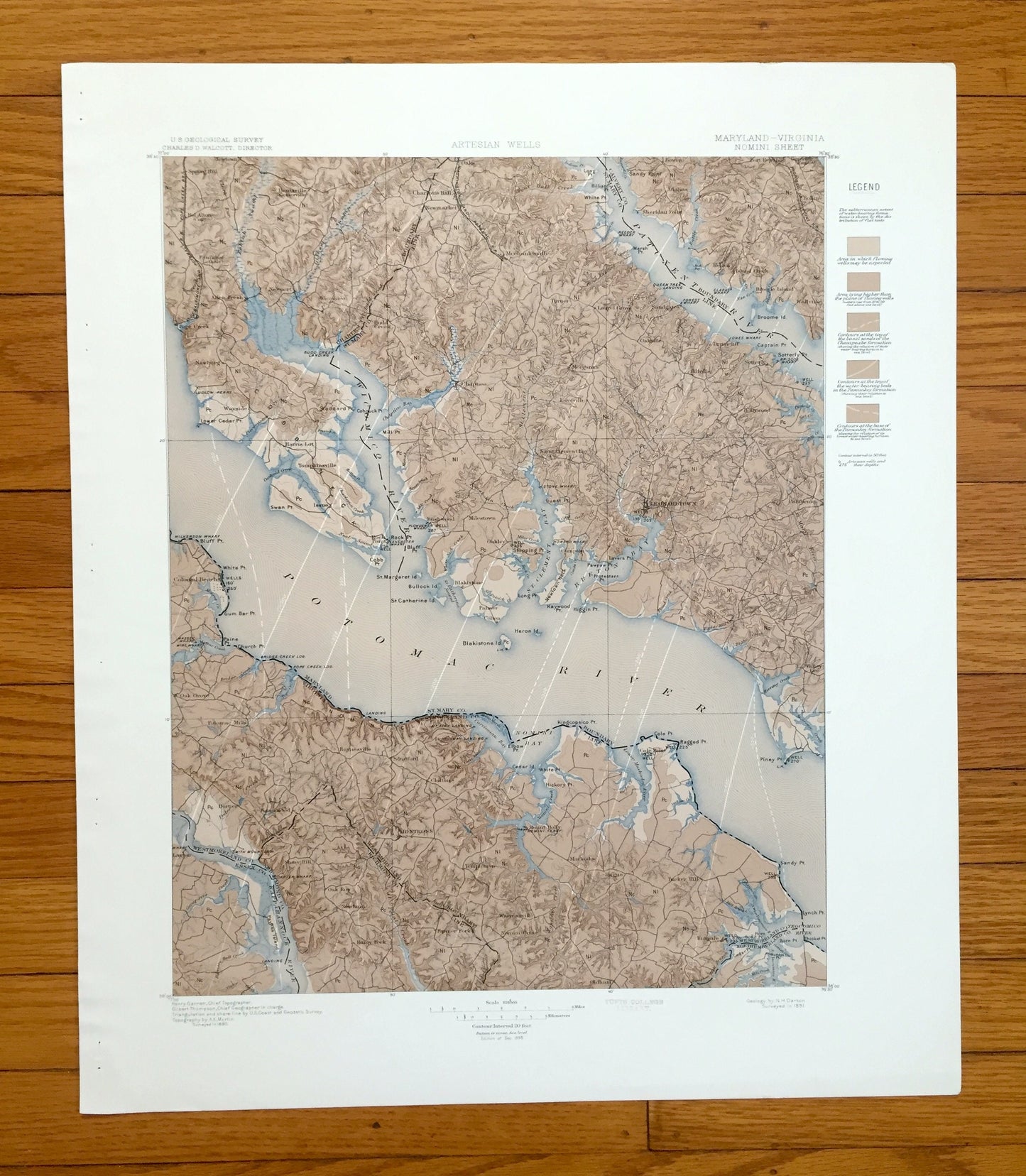Antique Nomini, Virginia 1895 US Geological Survey Topographic Map – Piney Point, Potomac River, Leonardtown, Maryland, Westmoreland County