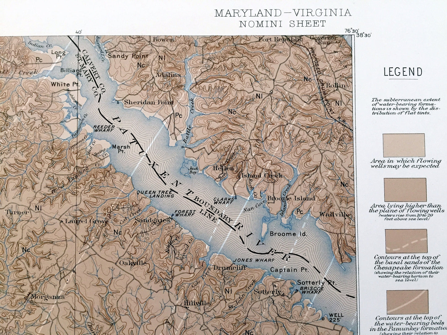 Antique Nomini, Virginia 1895 US Geological Survey Topographic Map – Piney Point, Potomac River, Leonardtown, Maryland, Westmoreland County