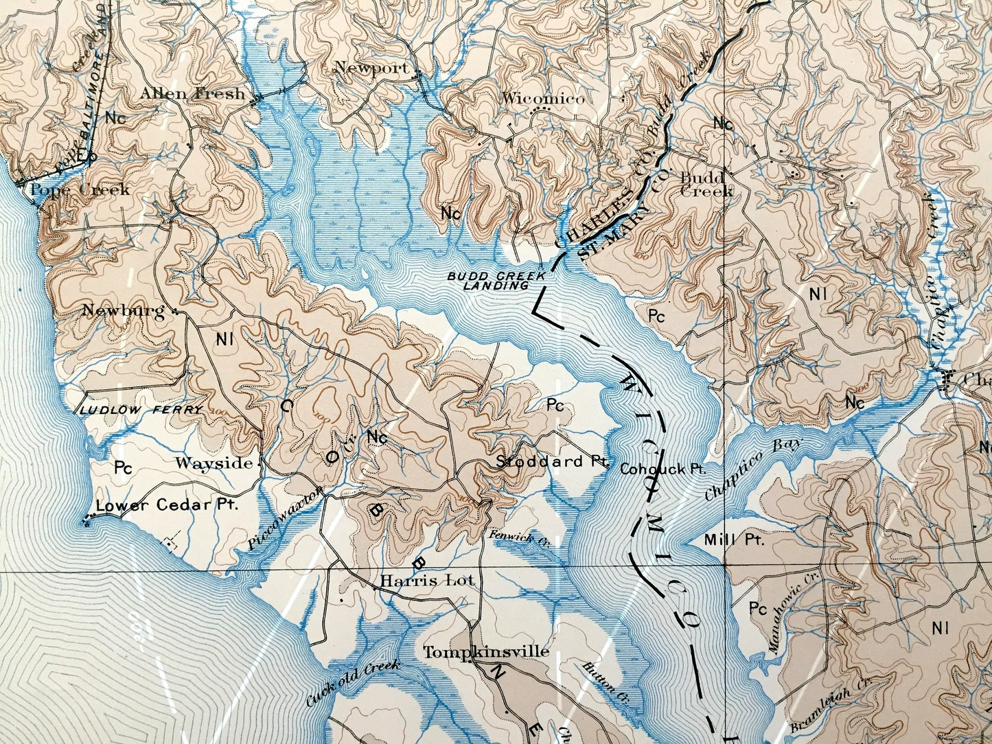 Antique Nomini, Virginia 1895 US Geological Survey Topographic Map – Piney Point, Potomac River, Leonardtown, Maryland, Westmoreland County