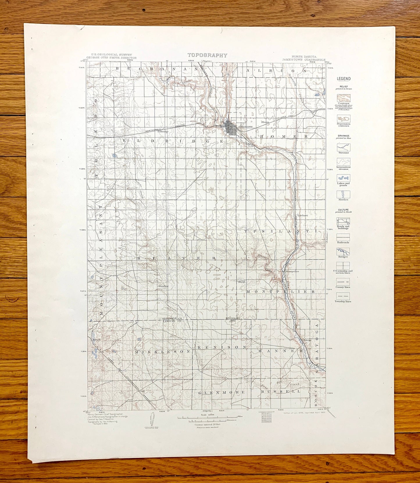 Antique Jamestown, North Dakota 1896 US Geological Survey Topographic Map – Stutsman, Lamoure County, Atwill, Alfred, Adrian, Sharlow ND