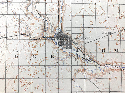 Antique Jamestown, North Dakota 1896 US Geological Survey Topographic Map – Stutsman, Lamoure County, Atwill, Alfred, Adrian, Sharlow ND