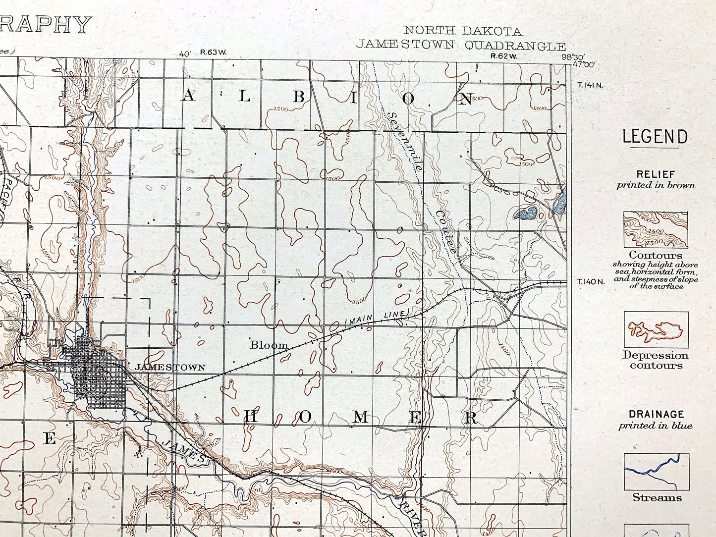 Antique Jamestown, North Dakota 1896 US Geological Survey Topographic Map – Stutsman, Lamoure County, Atwill, Alfred, Adrian, Sharlow ND