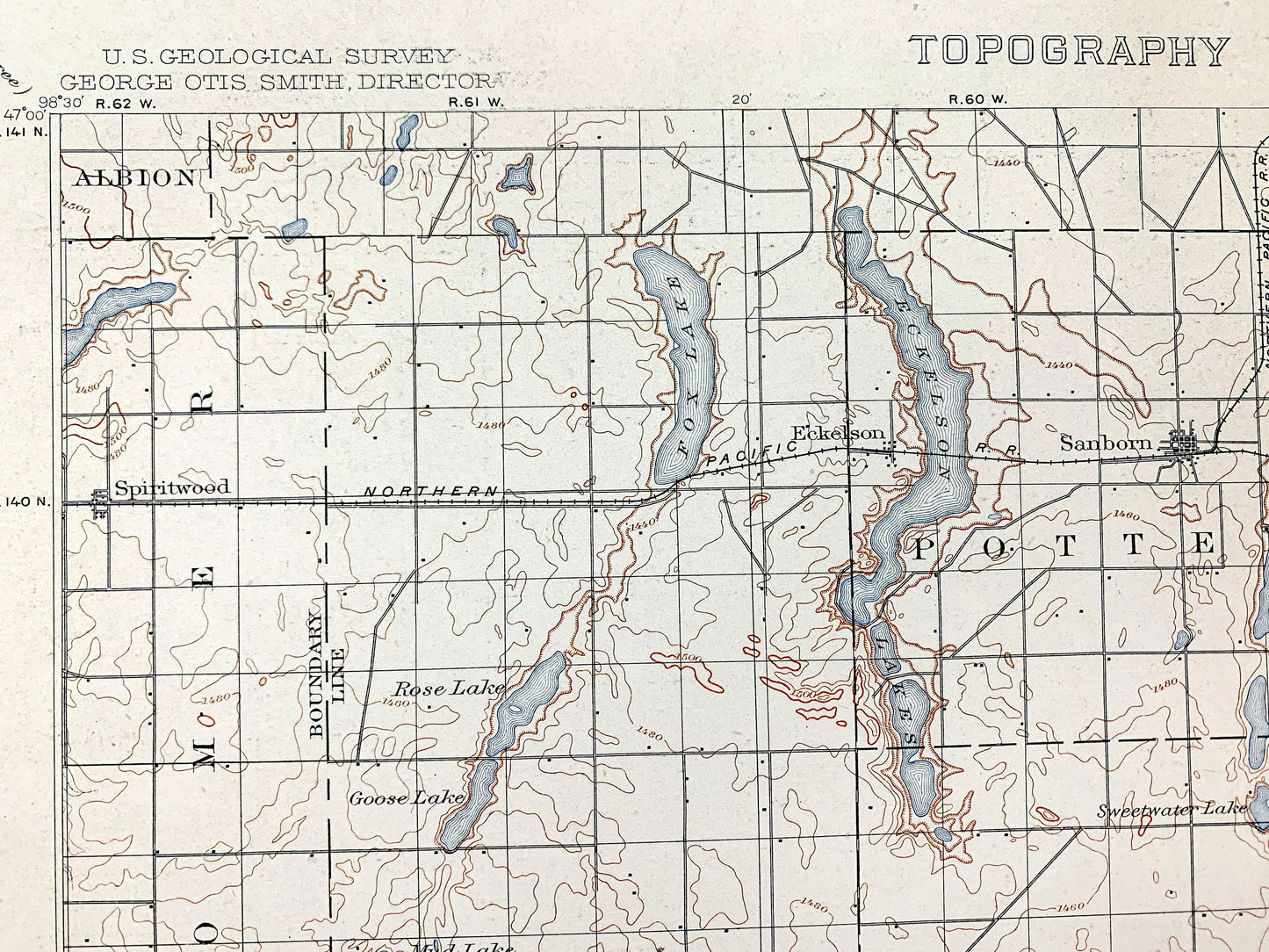 Antique Eckelson, North Dakota 1897 US Geological Survey Topographic Map – Stutsman, Lamoure, Barnes Ransom County, Sanborn, Hobart, ND