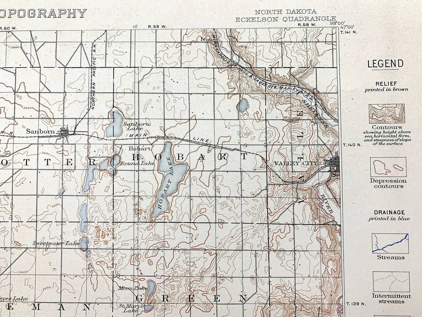 Antique Eckelson, North Dakota 1897 US Geological Survey Topographic Map – Stutsman, Lamoure, Barnes Ransom County, Sanborn, Hobart, ND