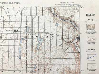 Antique Eckelson, North Dakota 1897 US Geological Survey Topographic Map – Stutsman, Lamoure, Barnes Ransom County, Sanborn, Hobart, ND