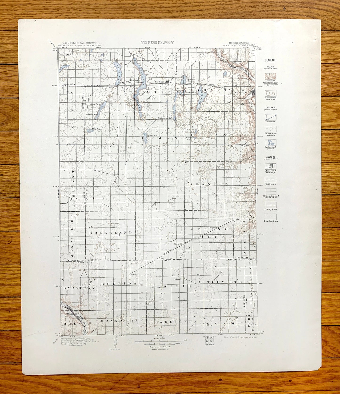 Antique Eckelson, North Dakota 1897 US Geological Survey Topographic Map – Stutsman, Lamoure, Barnes Ransom County, Sanborn, Hobart, ND
