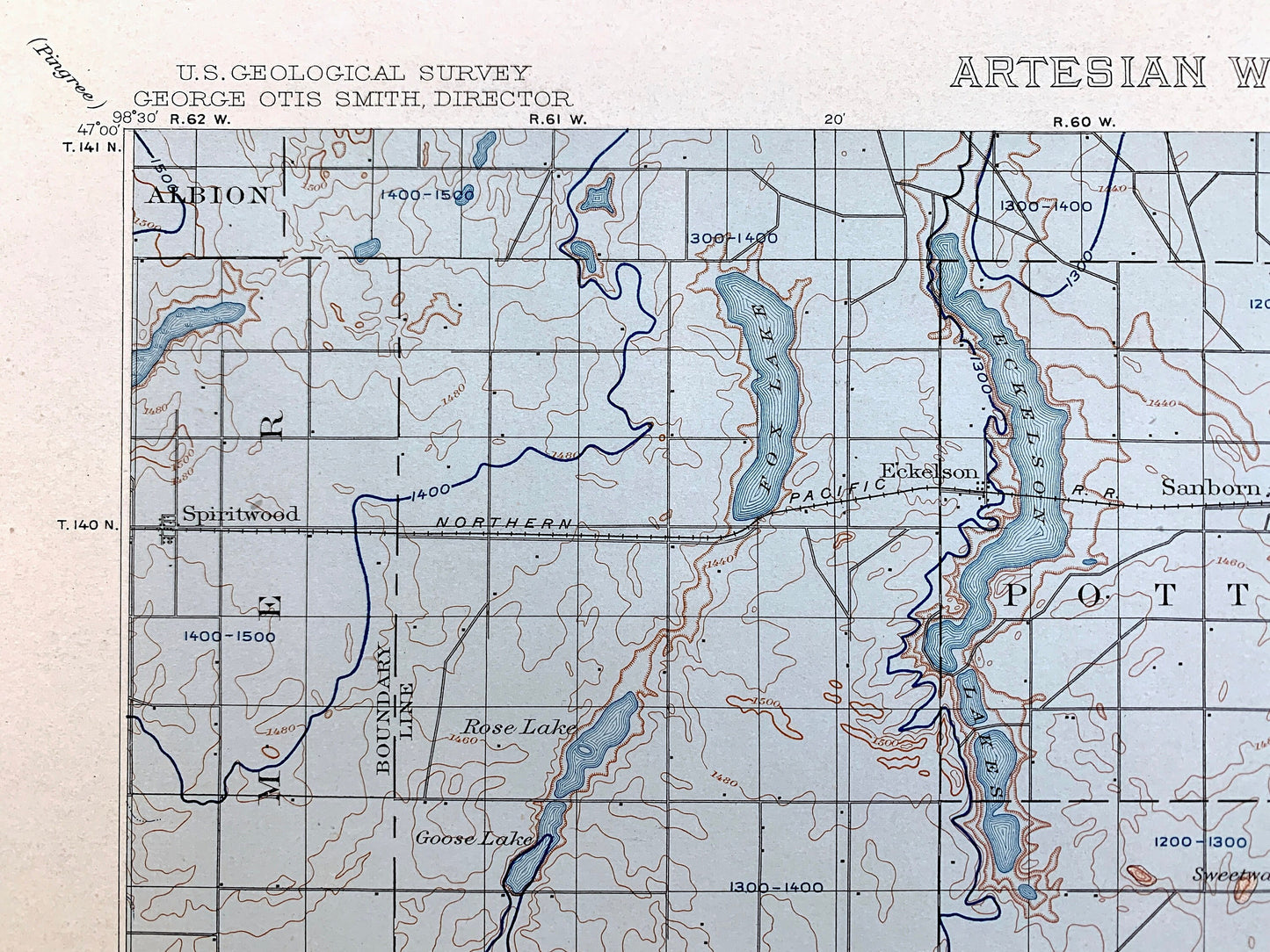 Antique Eckelson, North Dakota 1909 US Geological Survey Topographic Map – Stutsman, Lamoure, Barnes, Ransom County, Sanborn, Hobart, ND