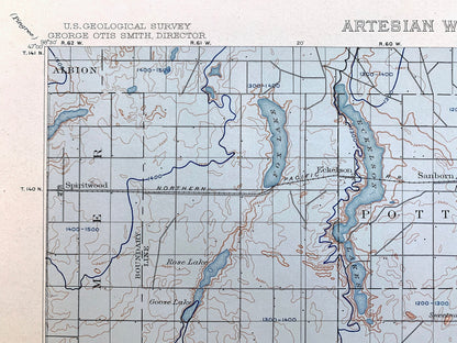 Antique Eckelson, North Dakota 1909 US Geological Survey Topographic Map – Stutsman, Lamoure, Barnes, Ransom County, Sanborn, Hobart, ND