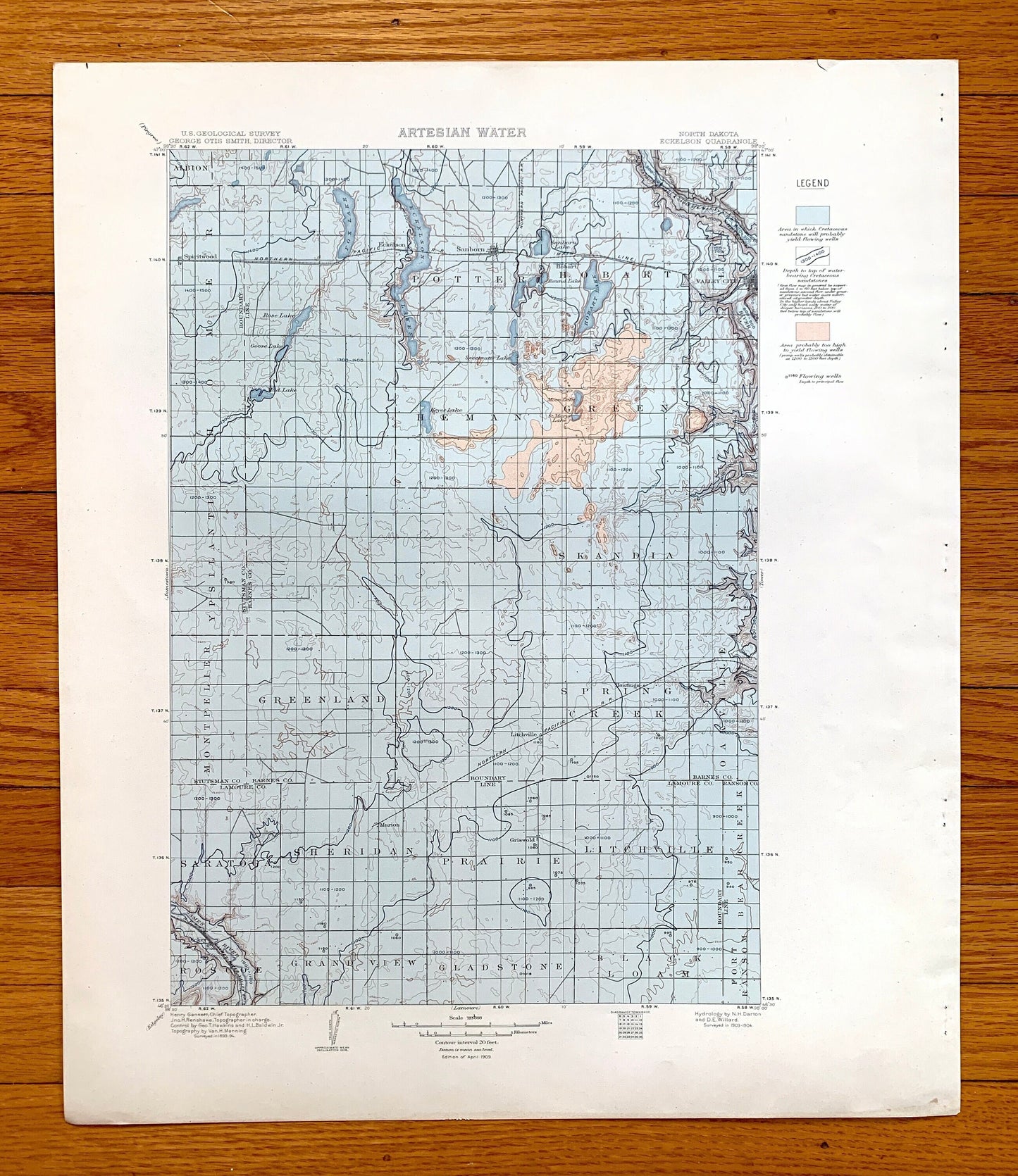 Antique Eckelson, North Dakota 1909 US Geological Survey Topographic Map – Stutsman, Lamoure, Barnes, Ransom County, Sanborn, Hobart, ND