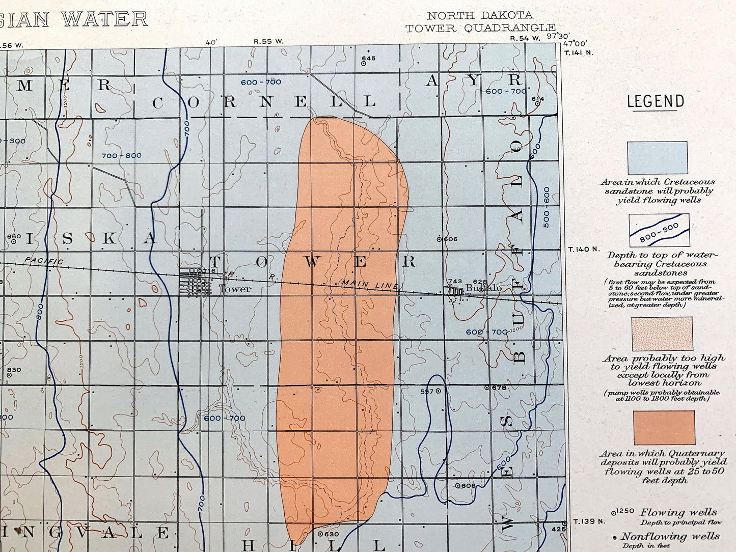 Antique Tower City, North Dakota 1909 US Geological Survey Topographic Map – Cass, Barnes, Ransom County, Valley City, Buffalo, Oriska ND