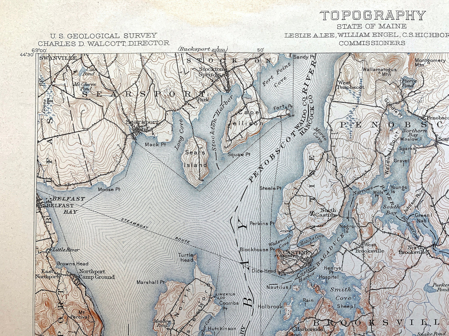 Antique Penobscot Bay, Maine 1905 US Geological Survey Topographic Map – Deer Isle, Searsport, Vinalhaven, Blue Hill, Sedgwick, Castine ME