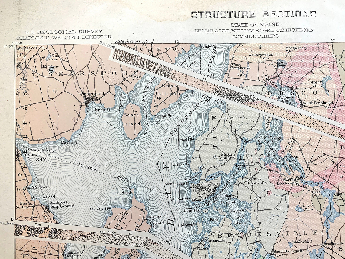 Antique Penobscot Bay, Maine 1907 US Geological Survey Topographic Map – Deer Isle, Searsport, Vinalhaven, Blue Hill, Sedgwick, Castine ME