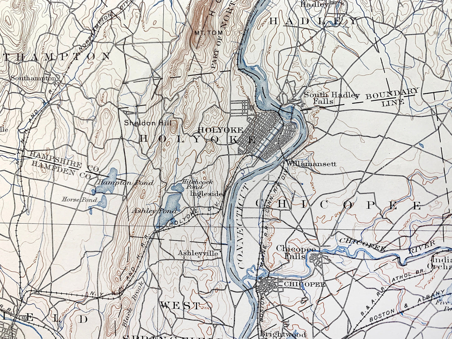 Antique Holyoke, Massachusetts 1897 US Geological Survey Topographic Map – Springfield, Northampton, Deerfield, Amherst, Ashfield, MA