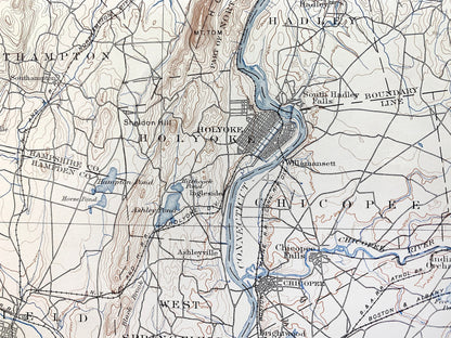 Antique Holyoke, Massachusetts 1897 US Geological Survey Topographic Map – Springfield, Northampton, Deerfield, Amherst, Ashfield, MA