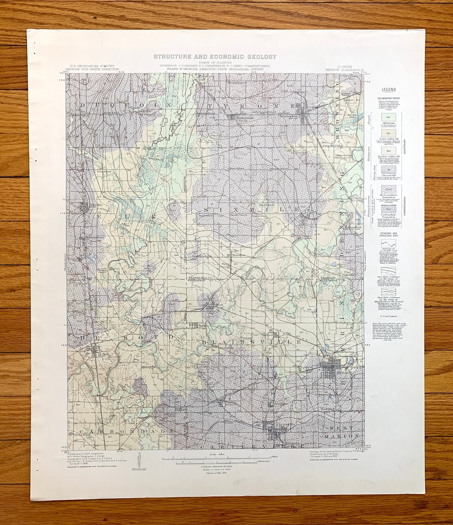 Antique Herrin, Illinois 1912 US Geological Survey Topographic Map – Carbondale, De Soto, Franklin, Williamson, Jackson, Perry County, IL