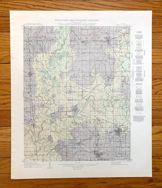 Antique Herrin, Illinois 1912 US Geological Survey Topographic Map – Carbondale, De Soto, Franklin, Williamson, Jackson, Perry County, IL