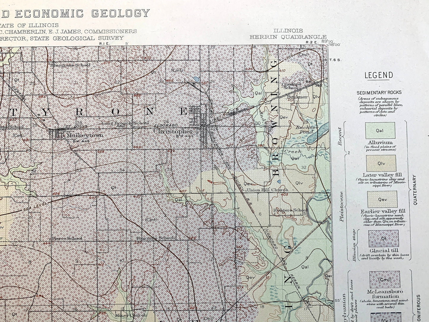Antique Herrin, Illinois 1912 US Geological Survey Topographic Map – Carbondale, De Soto, Franklin, Williamson, Jackson, Perry County, IL