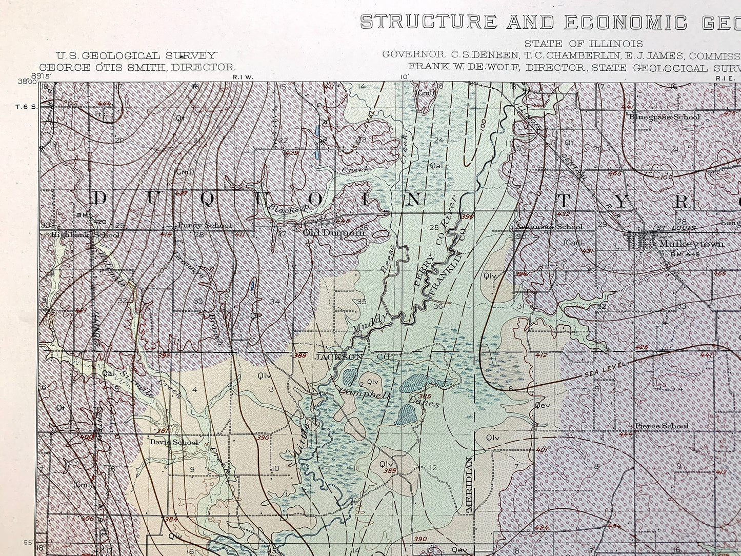 Antique Herrin, Illinois 1912 US Geological Survey Topographic Map – Carbondale, De Soto, Franklin, Williamson, Jackson, Perry County, IL