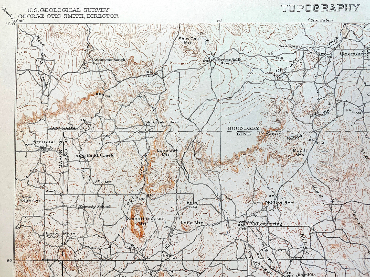 Antique Llano, Texas 1911 US Geological Survey Topographic Map –  San Saba, Mason County, Cherokee, Pontotoc, Taylorsville, Lone Grove TX