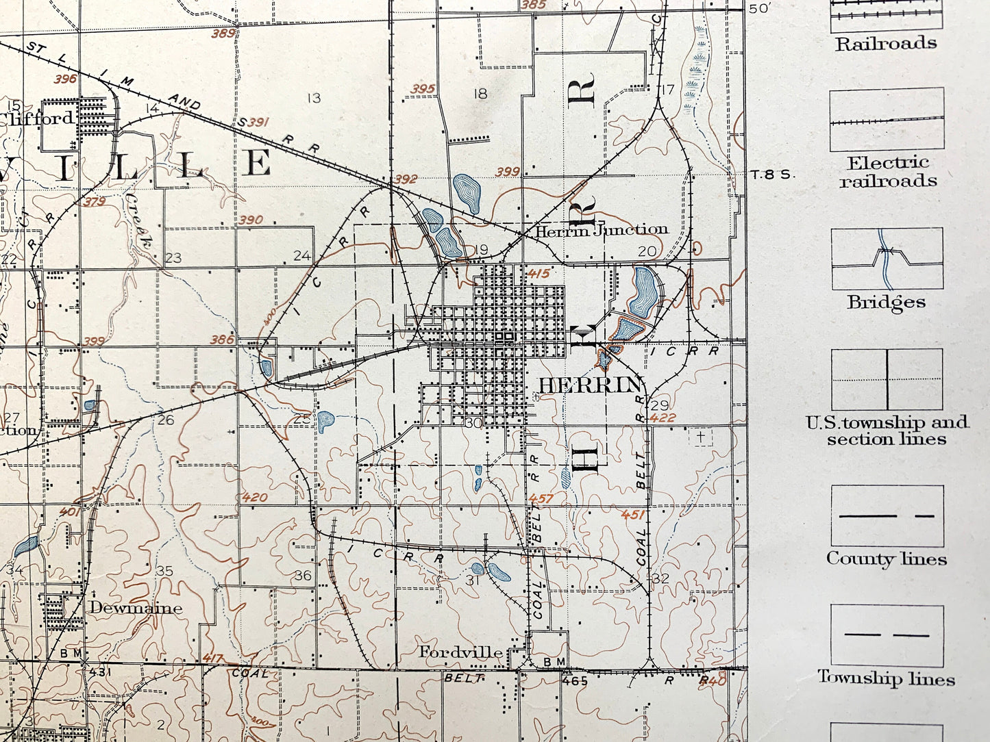 Antique Herrin, Illinois 1910 US Geological Survey Topographic Map – Carbondale, De Soto, Franklin, Williamson, Jackson, Perry County, IL