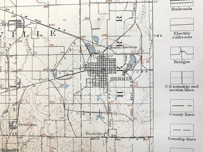 Antique Herrin, Illinois 1910 US Geological Survey Topographic Map – Carbondale, De Soto, Franklin, Williamson, Jackson, Perry County, IL