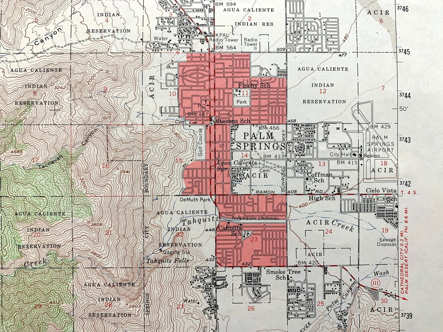 Antique Palm Springs, California 1957 US Geological Survey Topographic Map – Coachella Valley Desert Hot Springs San Bernardino Riverside CA
