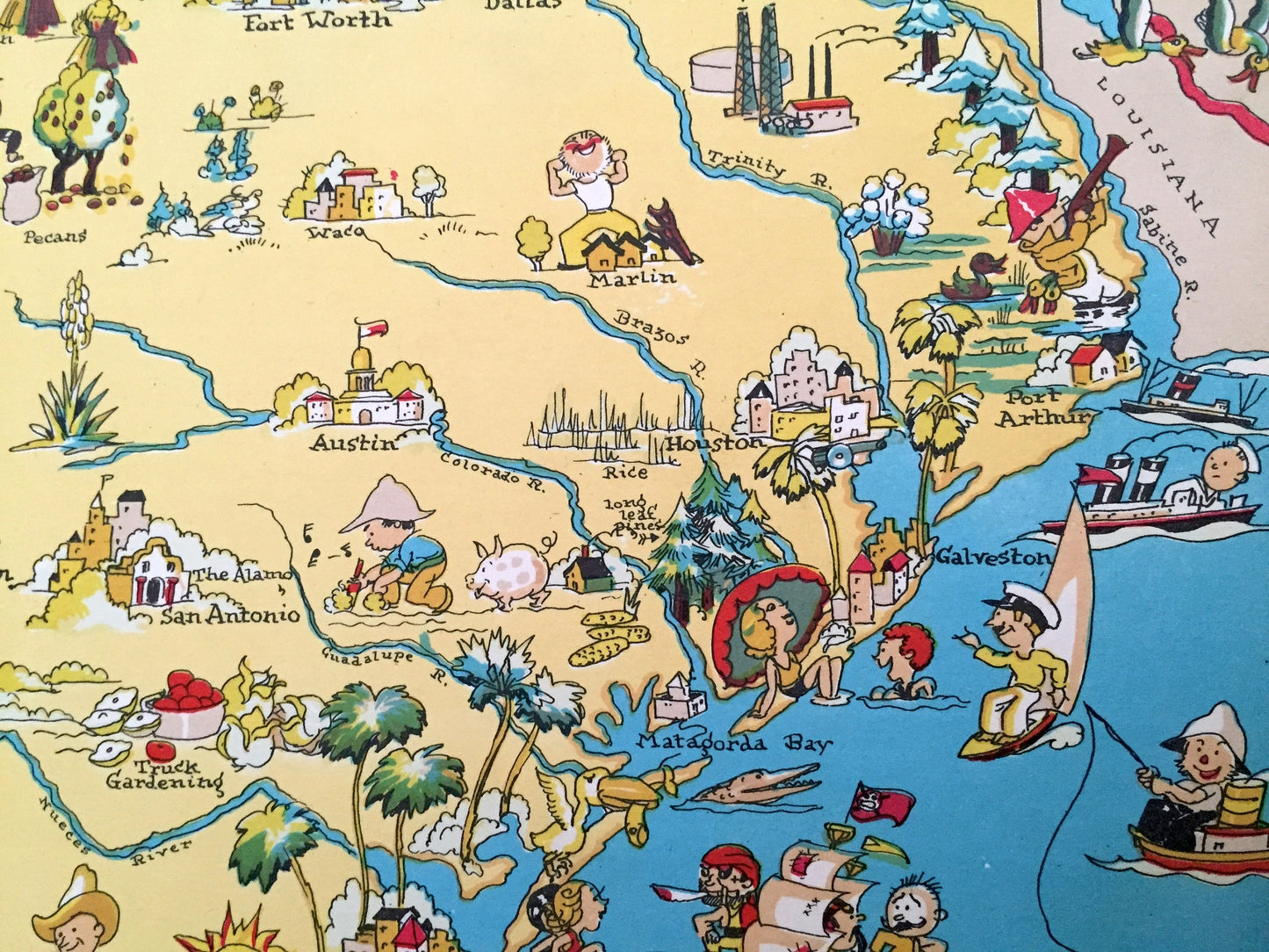 Antique 1935 Texas State Map from Our Gay Geography by Ruth Taylor – Houston, San Antonio, Dallas, Austin, Fort Worth, El Paso, Arlington TX