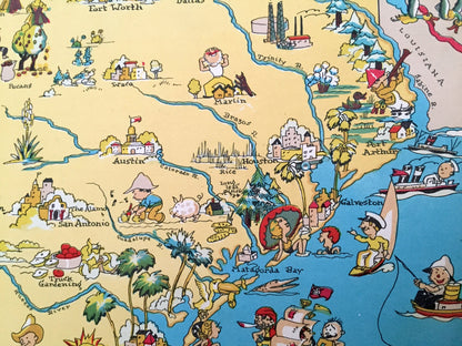 Antique 1935 Texas State Map from Our Gay Geography by Ruth Taylor – Houston, San Antonio, Dallas, Austin, Fort Worth, El Paso, Arlington TX