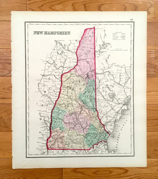 Antique 1874 New Hampshire / Vermont Map from O.W. Gray's Atlas of United States of America; Stedman, Brown & Lyon – White Green Mountains