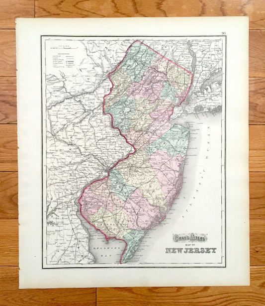 Antique 1874 New Jersey / Maryland and Delaware State Map from O.W. Gray's Atlas of United States of America; Stedman, Brown & Lyon — DC
