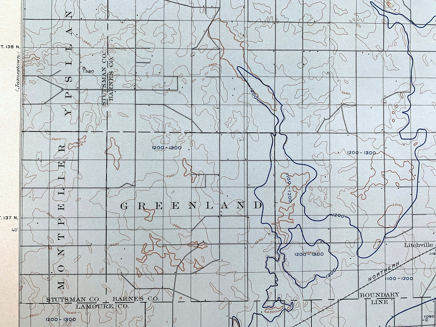 Antique Eckelson, North Dakota 1909 US Geological Survey Topographic Map – Stutsman, Lamoure, Barnes, Ransom County, Sanborn, Hobart, ND