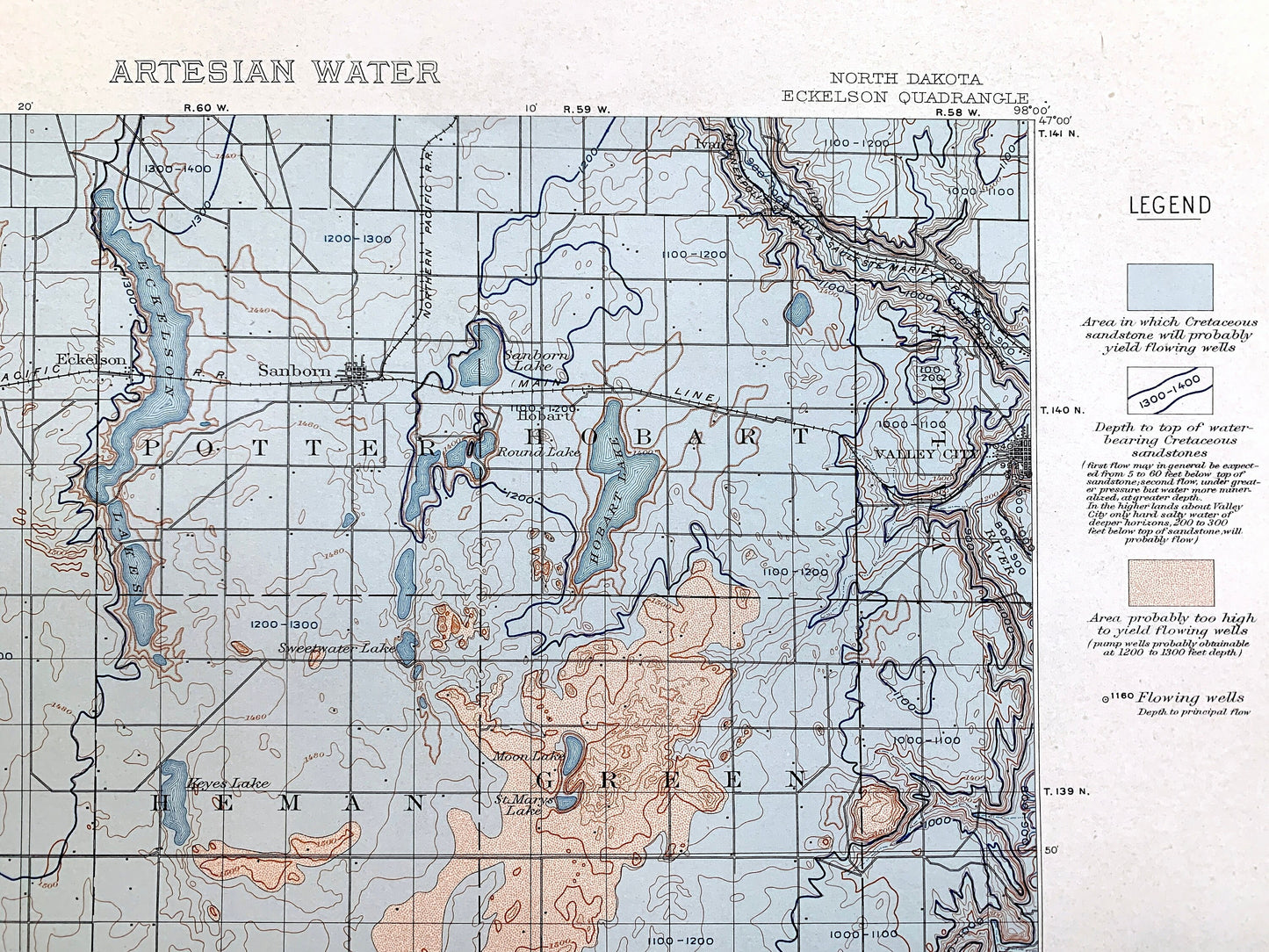 Antique Eckelson, North Dakota 1909 US Geological Survey Topographic Map – Stutsman, Lamoure, Barnes, Ransom County, Sanborn, Hobart, ND