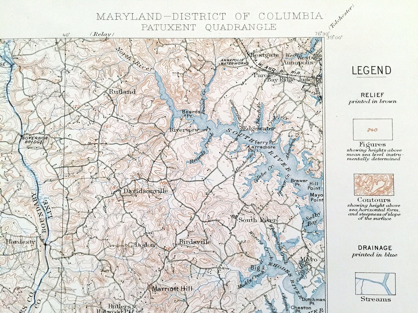 Antique Patuxent, Maryland 1906 US Geological Survey Topographic Map – Prince Georges, Anne Arundel, Annapolis, Chesapeake, Washington DC
