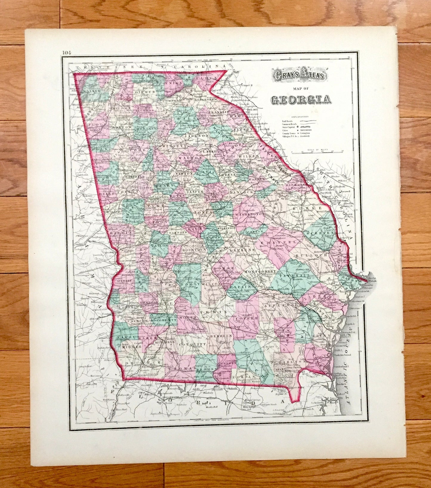 Antique 1874 South Carolina / Georgia State Map from O.W. Grays Atlas of United States of America; Stedman, Brown, Lyon – Charleston Atlanta