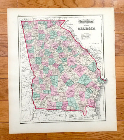 Antique 1874 South Carolina / Georgia State Map from O.W. Grays Atlas of United States of America; Stedman, Brown, Lyon – Charleston Atlanta