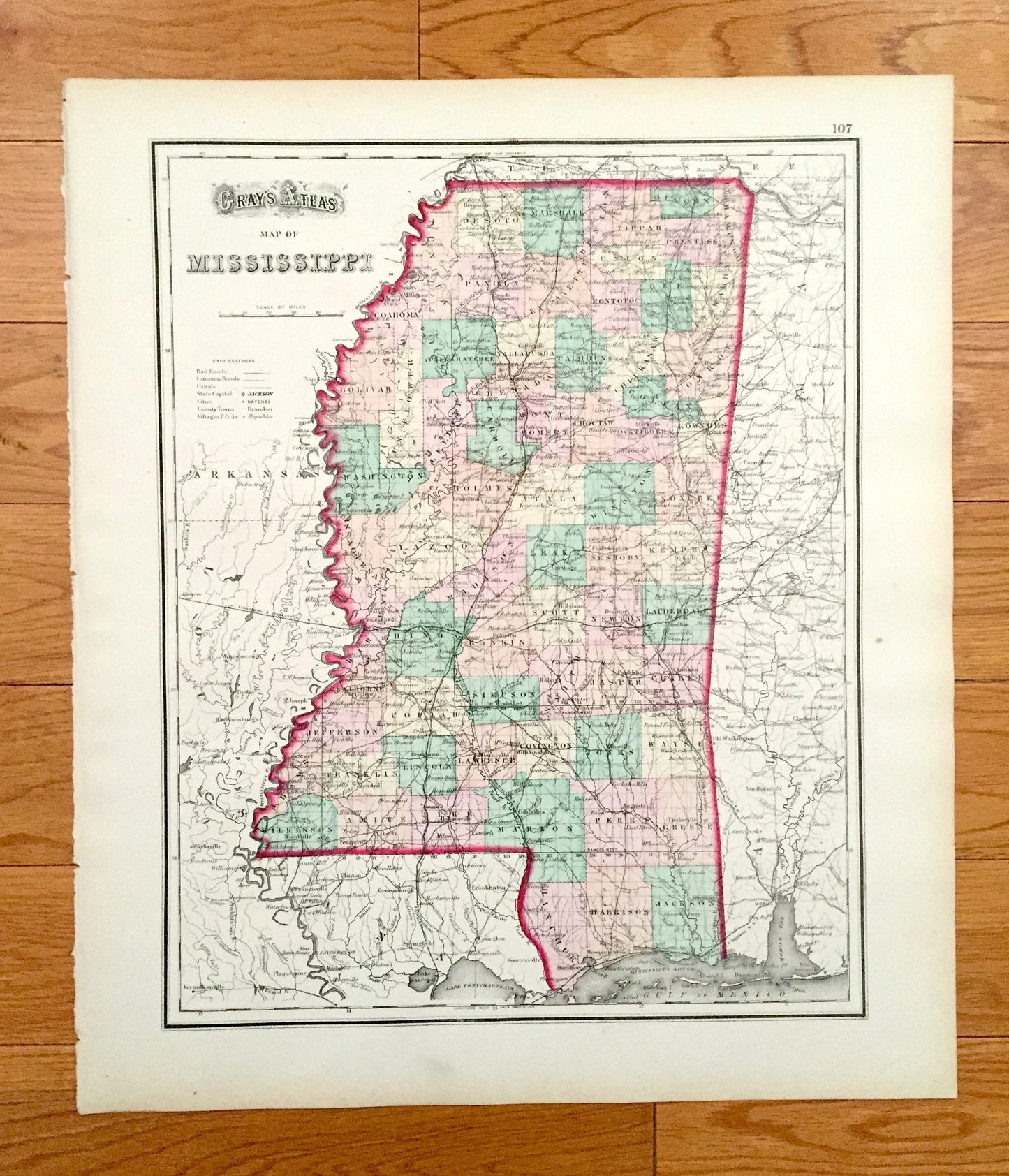 Antique 1874 Mississippi / Louisiana State Map from O.W. Gray's Atlas of United States of America; Stedman, Brown & Lyon – New Orleans