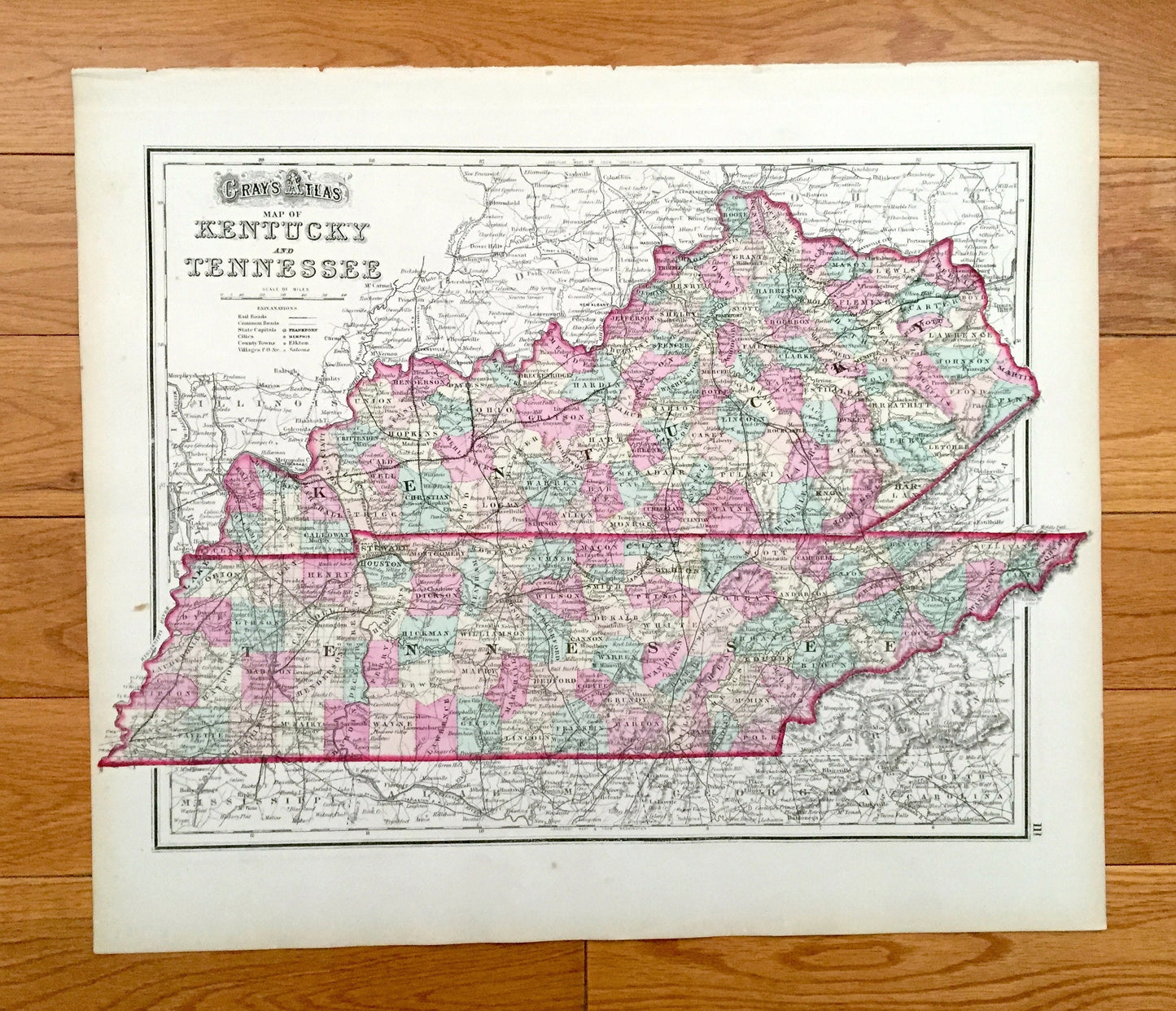 Antique 1874 Ohio / Kentucky and Tennessee State Map from O.W. Gray's Atlas of United States of America; Stedman, Brown & Lyon – Louisville